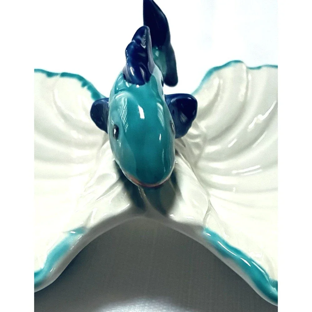 Vietri Scalloped Seashell Fish Double Bowl White Turquoise Made In Italy 9370/26
